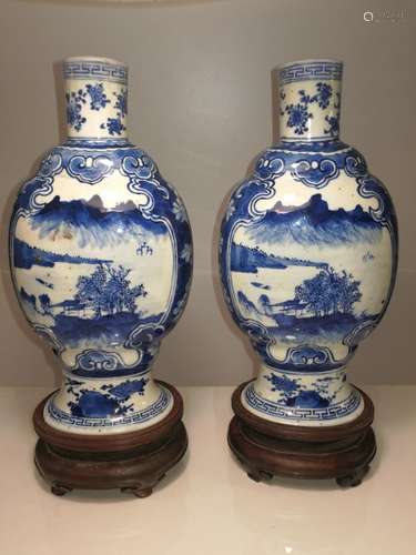 Pair of Export Chinese Blue and White Porcelain Vases