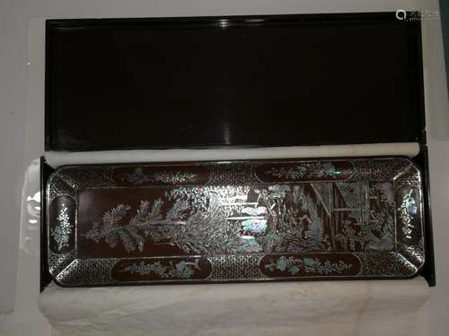 Ming Dy Chinese Rectangular Black Lacquer Tray in Box