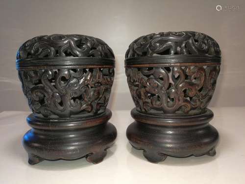 Pr. Chinese Zitan Carving Dragon Incense Burner Qing Dy