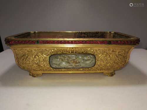 Qing Dy Chinese Gilt Bronze Bonsai Tray Inlaid Jade