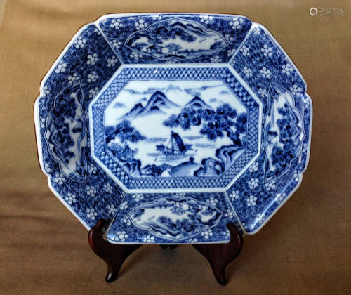 A JAPANESE BLUE & WHITE PLATE WITH PATTERN OF LANDSCAPE