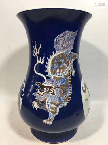 A GLAZE BLUE AND UNDERGLAZE RED RIVET MOUTH VASE