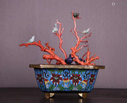 A CLOISONNE CORAL AGATE POTTED LANDSCAPE LATE QING DYNASTY