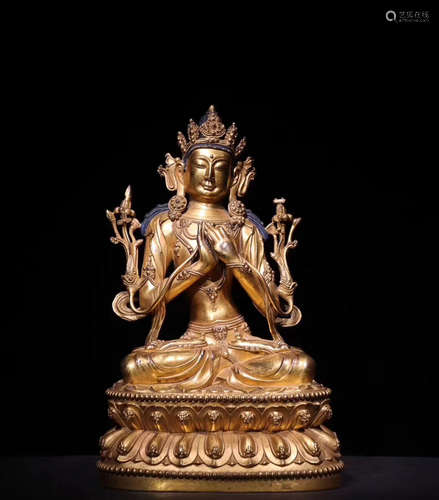 A TIBETAN GILT BRONZE WEN SHU PUSA STATUE