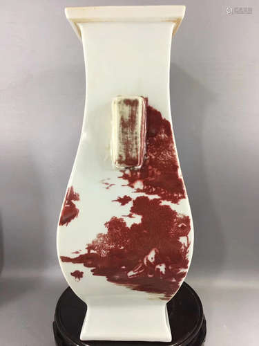 AN UNDERGLAZE RED LANDSCAPE AND CHARACTERS DESIGN DOUBLE ELEPANT EAR HONOUR