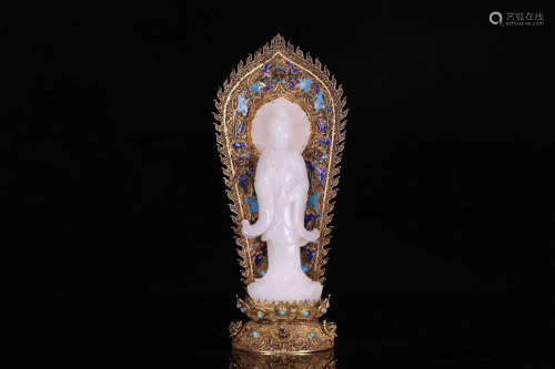 A SILVER GILT HETIAN JADE GUAN YIN STATUE LATE QING DYNASTY