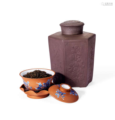 80年代 珍藏六堡连紫砂茶叶罐及紫砂加彩盖碗