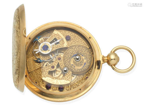 Circa 1850  Lebet & Fils, A Buttes en Suisse. An 18K gold key wind full hunter pocket watch made for the Turkish/Chinese market