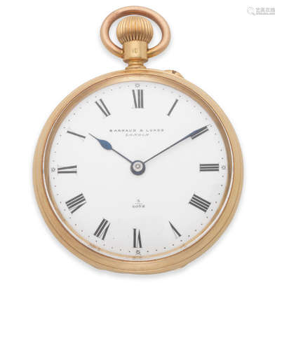 London Hallmark for 1896  Barraud & Lunds, Cornhill, London. An 18K gold keyless wind open face pocket watch