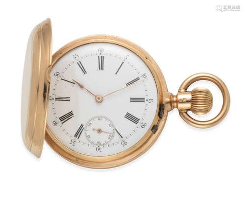 Circa 1900  An 18K gold keyless wind dual dial full hunter pocket watch