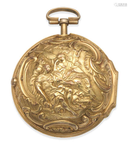 Circa 1750  Thomas Aldnim, London. A key wind pair case pocket watch with repousse decoration