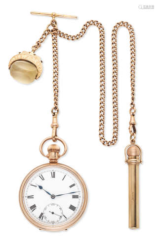 Chester Hallmark for 1930  A 9K gold keyless wind open face pocket watch with 9K gold chain and fobs including Asprey propelling pen