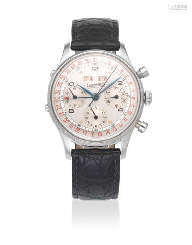 Circa 1950  Eberhard. A stainless steel manual wind calendar chronograph wristwatch