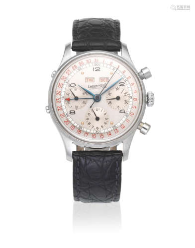 Circa 1950  Eberhard. A stainless steel manual wind calendar chronograph wristwatch
