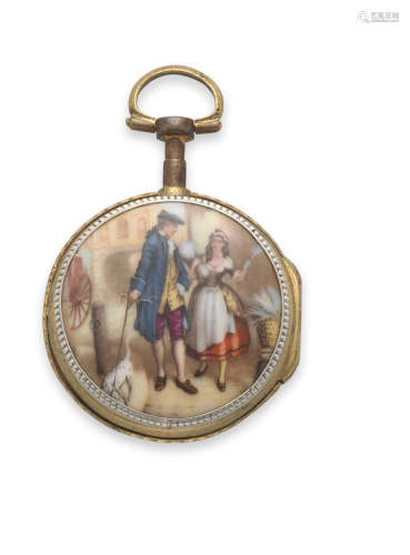 Circa 1790  Terrot A Geneve. A gilt metal key wind open face pocket watch with enamel scene to reverse