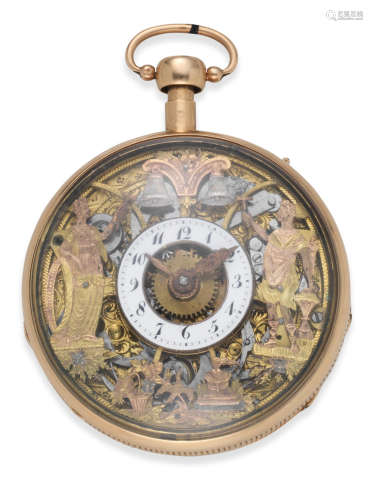 Circa 1810  An 18K gold key wind open face Jacquemart automaton quarter repeating pocket watch