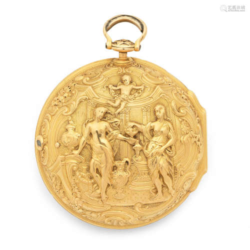 Circa 1740  Daniel & Thomas Grignion, London. A gold key wind pair case pocket watch with repousse decoration