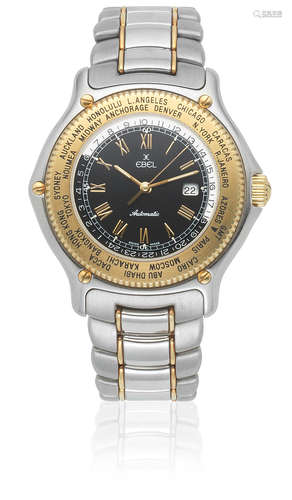 Voyager, Ref: 1124913, Sold April 1992  Ebel. A stainless steel and gold automatic calendar bracelet watch with world time