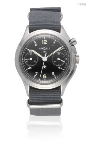 Circa 1967  Lemania. A stainless steel military issue manual wind single button chronograph wristwatch