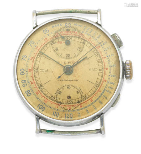 Circa 1950  Pierce. A nickel plated manual wind chronograph watch