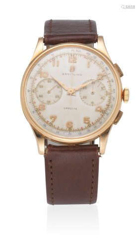Circa 1950  Breitling. An 18K gold manual wind chronograph wristwatch