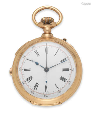 Circa 1900  Montandon, Locle. An 18K gold keyless wind quarter repeating chronograph open face pocket watch