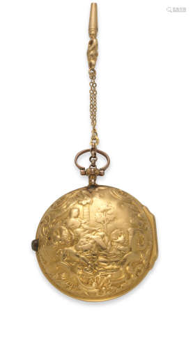 Circa 1730  J. Snelling, London. A gold key wind open face pair case pocket watch