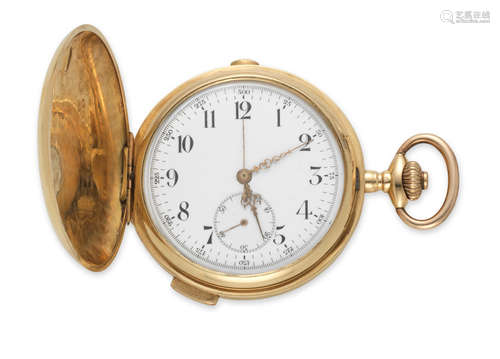 Circa 1900  An 18K gold keyless wind quarter repeating chronograph full hunter pocket watch