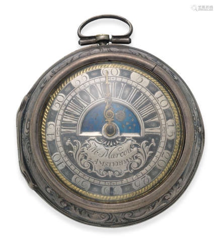 Circa 1700  M. Marcou, Amsterdam. A silver key wind repousse pair case pocket watch with sun and moon indication