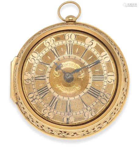 London Hallmark for 1702  Thomas Tompion, London. A very fine and rare gold key wind pair case clock watch