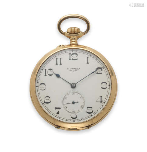 Circa 1920  Longines. An 18K gold keyless wind open face pocket watch