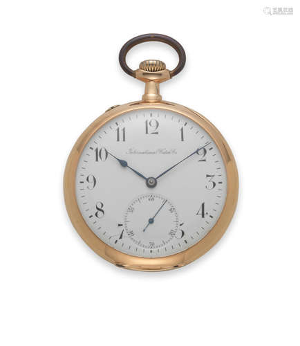 Circa 1900  International Watch Company. An 18K gold keyless wind open face pocket watch