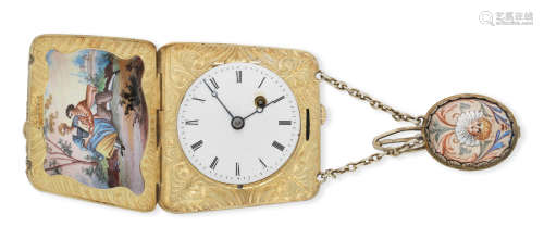 Circa 1810 and later  Louis Duchene & Fils. An unusual key wind purse form watch with enamel decoration