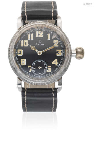 Circa 1930  Omega. A stainless steel manual wind military style wristwatch