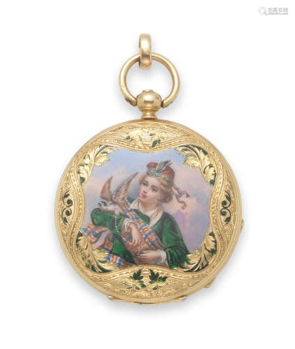 Circa 1830  Le Brandt, Geneve. An 18K gold and enamel key wind full hunter pocket watch