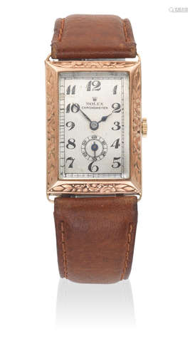 Ref: 3025, Sold June 1959  Rolex. A 9K rose gold manual wind rectangular wristwatch