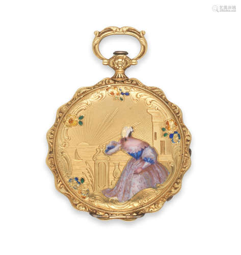 Circa 1870  Vacheron & Constantin. An 18K gold and enamel key wind open face unusual form pocket watch