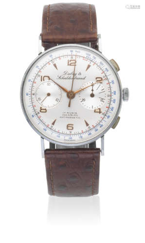 Circa 1950  Aureole Watch Co for Dubey & Schaldenbrand. An early stainless steel manual wind chronograph wristwatch