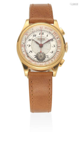 Circa 1930  Heuer. An early mid-size gold plated and stainless steel manual wind chronograph wristwatch