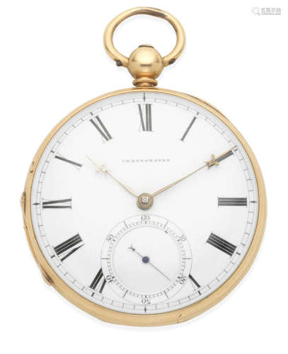 London Hallmark for 1855  E & E. Emanuel, 1 Burlington Gardens, London & Portsea. An 18K gold keyless wind open face chronometer pocket watch
