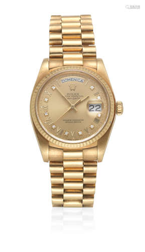 Day-Date, Ref: 18038, Circa 1983  Rolex. An 18K gold diamond set automatic calendar bracelet watch