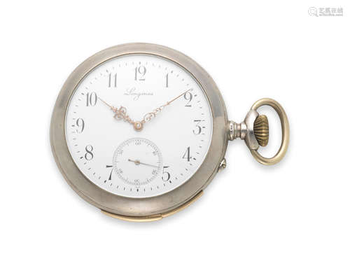 Circa 1920  Longines. A silver keyless wind open face minute repeating pocket watch