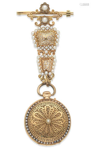 Circa 1890  A continental gold and seed pearl set fob watch with complimenting chatelaine