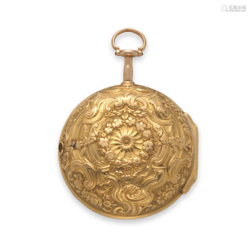 London Hallmark for 1752  Henry Thomas. A gold key wind pair case pocket watch with repousse decoration
