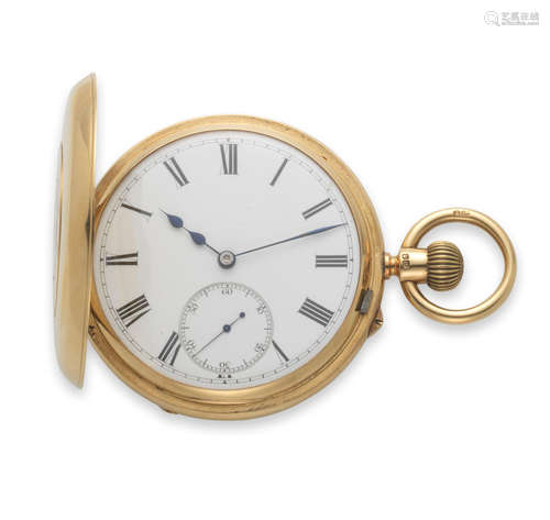 London Hallmark for 1890  An 18K gold keyless wind half hunter pocket watch