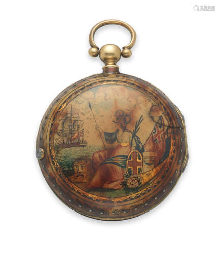 Circa 1850  C. Davidson, London. A gilt metal and painted horn pair case pocket watch