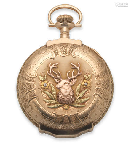 Circa 1907  Hamilton. A 14K three colour gold keyless wind full hunter pocket watch