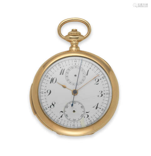 Circa 1890  Lepaure, Rouen. An 18K gold keyless wind open face minute repeating chronograph pocket watch