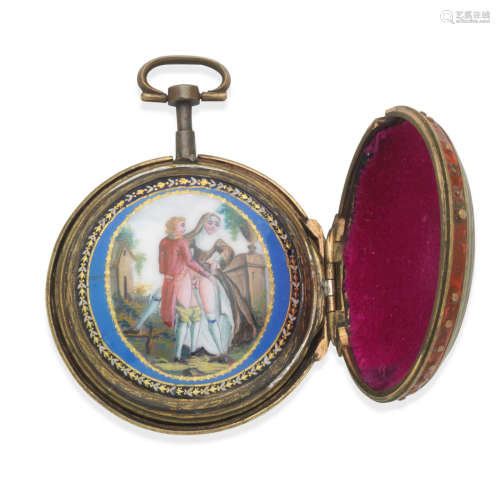 Circa 1780  Cugnier. A gilt metal key wind pair case pocket watch with later concealed erotic scene