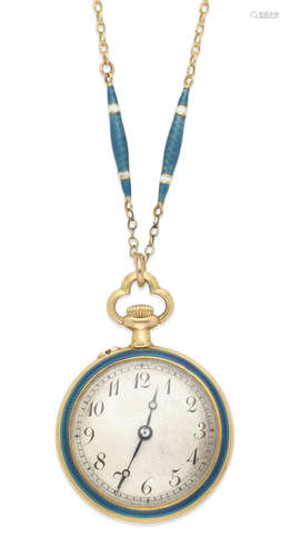 Circa 1900  An 18K gold, enamel and stone set keyless wind fob watch with matching chain